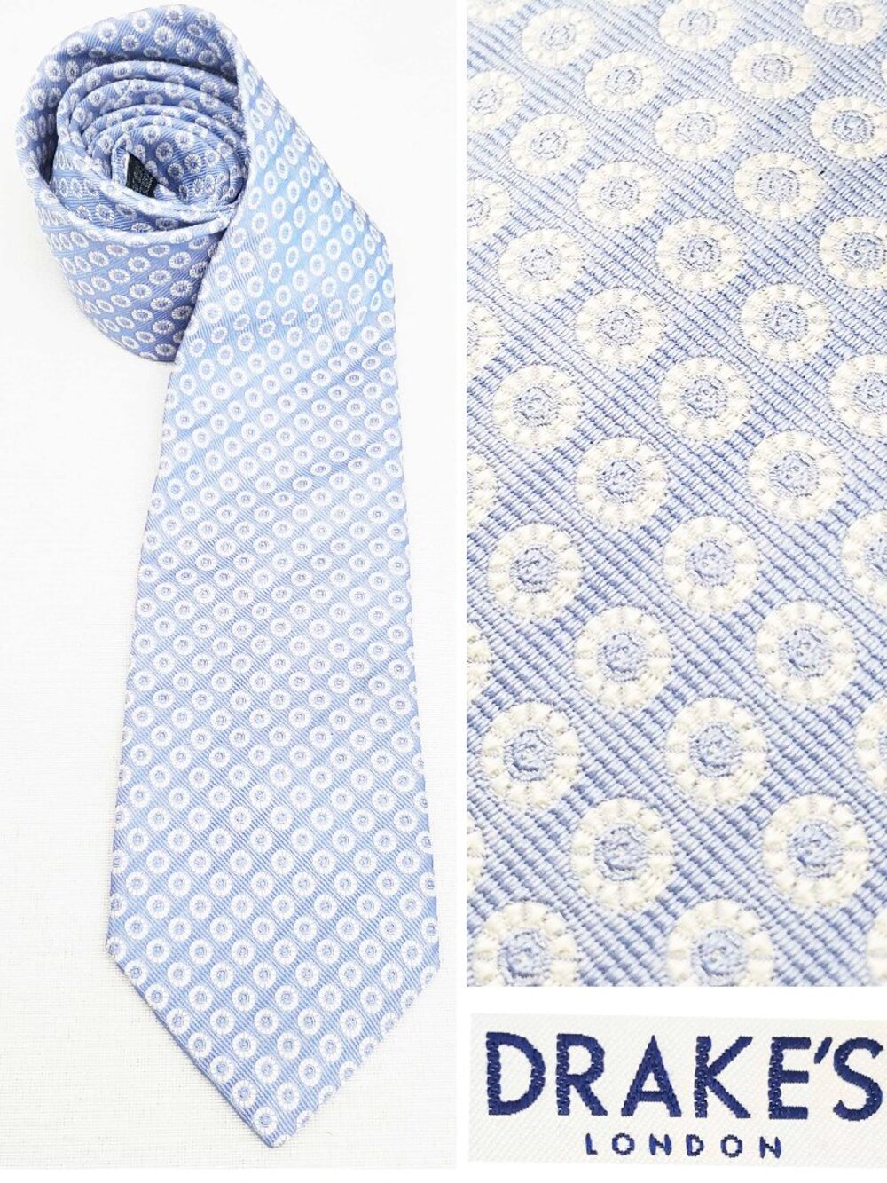 Drake's Drakes Men's Blue White Silk Brocade Circle Polka Dot Medallion Tie